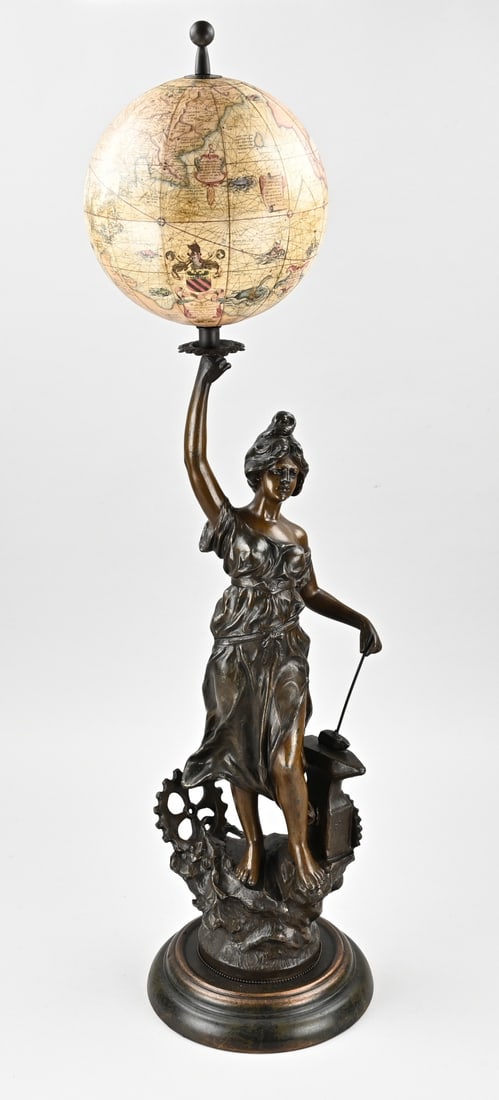 Sculpture, woman with globe, H 81 cm.: Antique French composition metal figure. Woman with globe. 20th century. Dimensions: H 81 cm. In good condition.