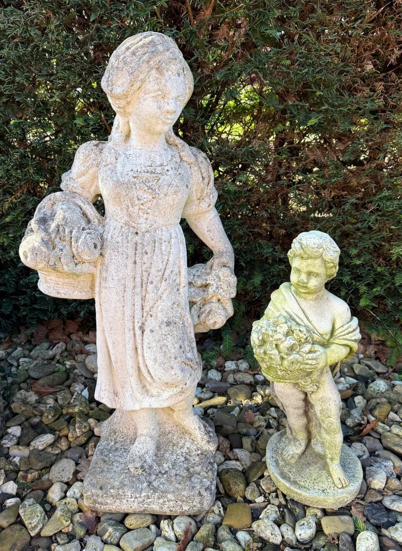 2x Garden statue: Two cement-cast garden statues, girl and boy with basket. Second half of the 20th century. Dimensions: H 48 - 78 cm. In good condition.