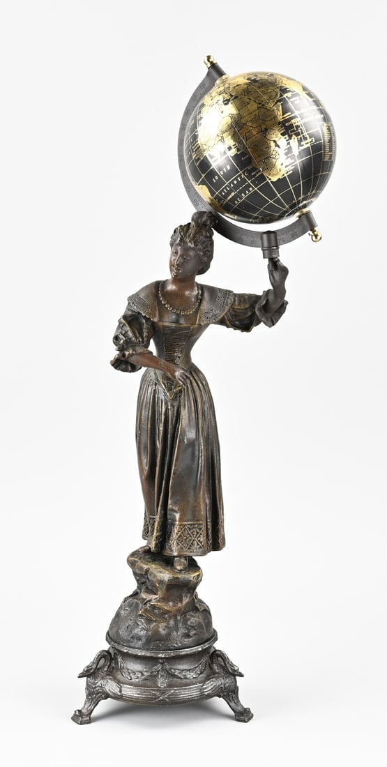 Statue, Woman with globe: Old composition metal figure with rotating globe. France. Second half of the 20th century. Dimensions: H 59 cm. In good condition.