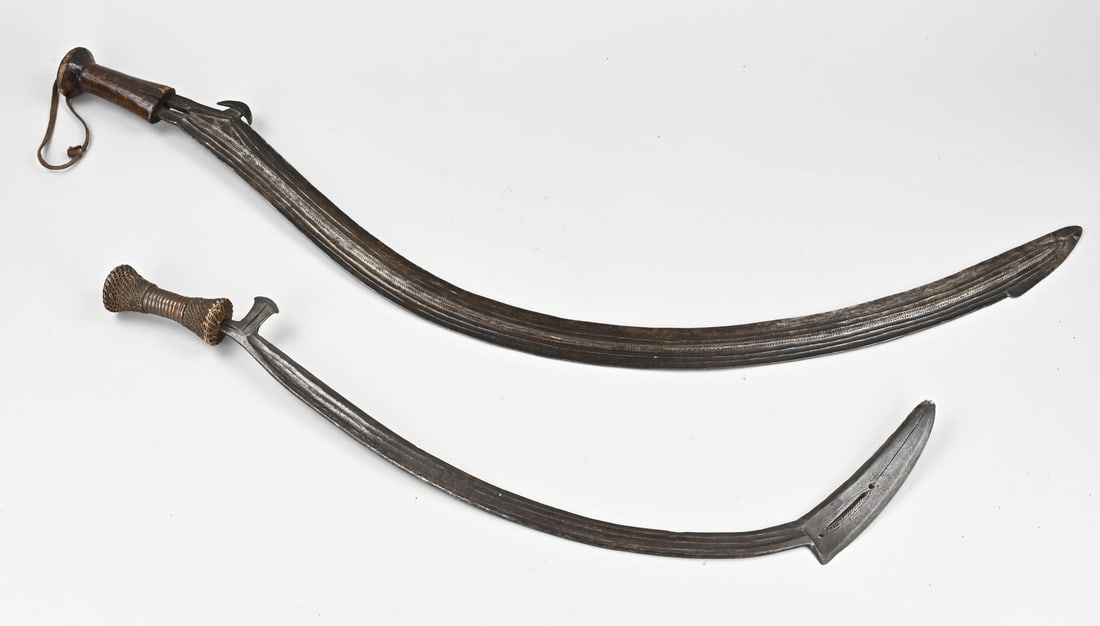 2x Sword (Congo): 2x curved swords presumably from Congo Ngabandi. Circa 1900; Good, 64 and 84 cm long.