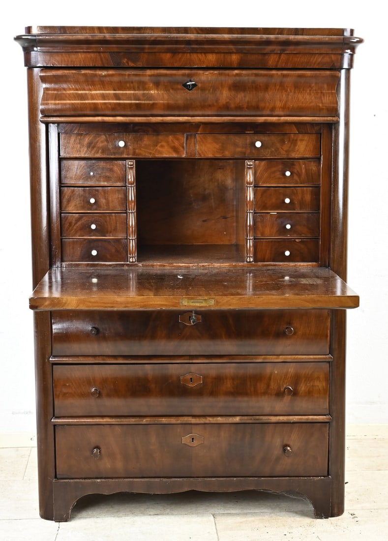 Mahogany secretary desk, 1860: German mahogany Louis Philippe secretary. Circa 1860. Dimensions: 150 x 104 x 51 cm. Older restoration. In good condition.