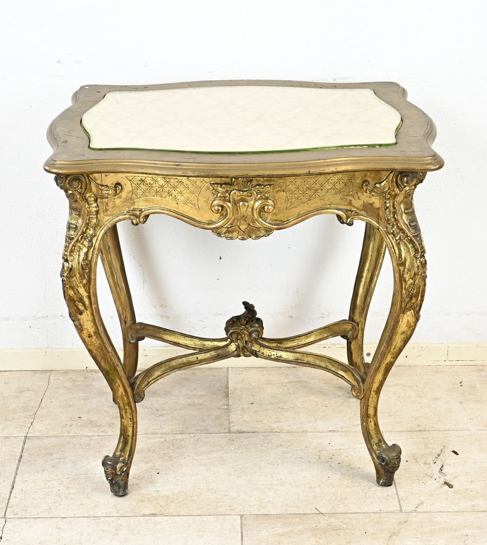 Side table (France): 19th-century French, original gilded side table with a contoured top and curved legs. Dimensions: 75 x 76 x 49 cm. In good condition.