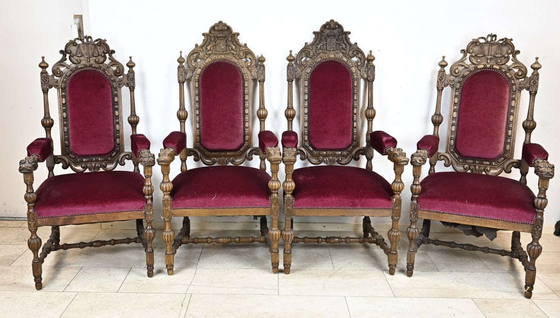 Set of historicist chairs, 1880: Four antique historicist oak chairs. With 2x Justice scales and 2x Dutch coat of arms decoration. Chairs feature (red) velvet upholstery. Circa 1880. Provenance: Courthouse in Breda. Dimensions: 143