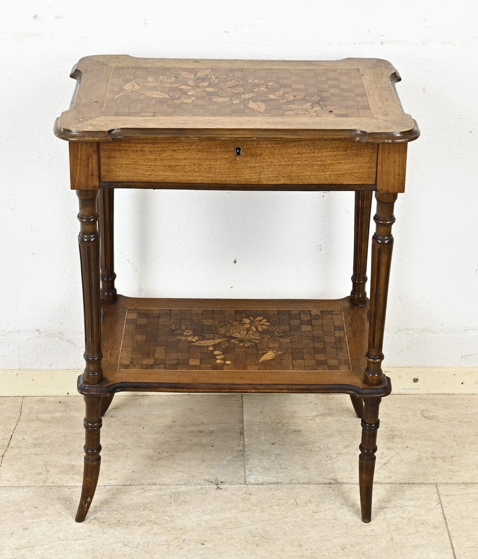 Sewing table/side table, 1870: Walnut sewing/side table with drawer and marquetry inlay. Circa 1870. Dimensions: 73 x 57 x 38 cm. Old wormwood. In fair/good condition.