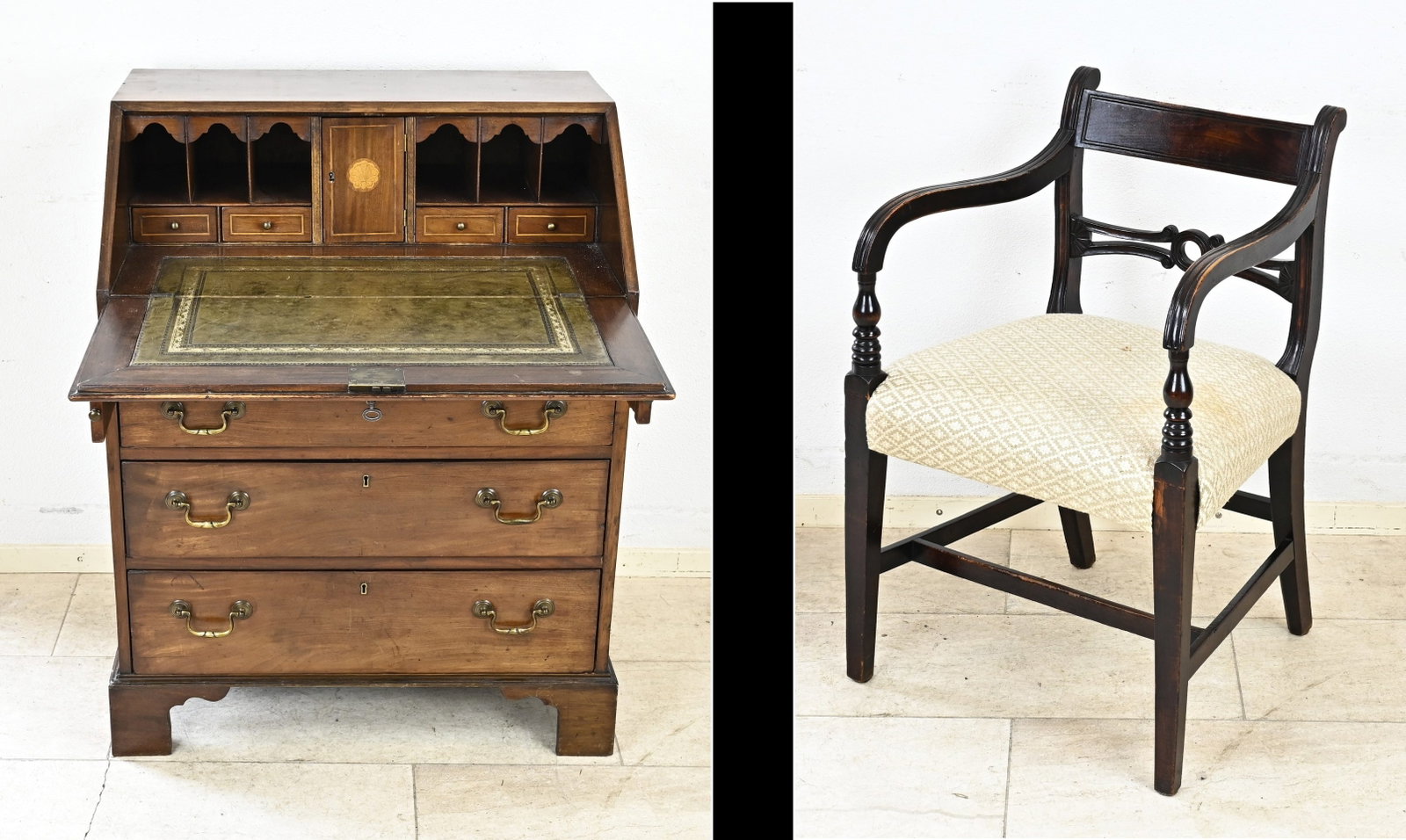 Secretary desk + chair: Antique English mahogany secretary desk and chair. Circa 1900. Dimensions: 100 x 75 x 55 cm. In good condition.