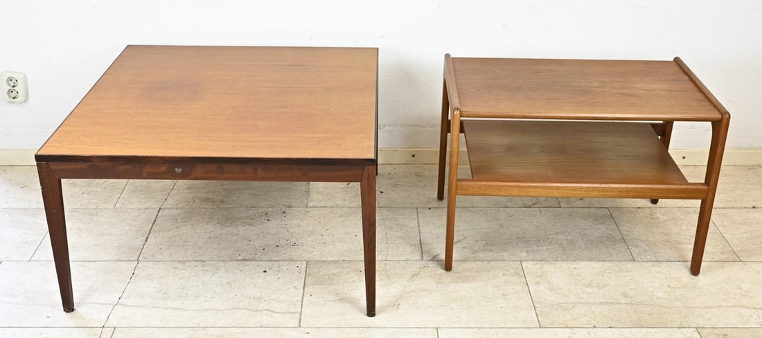 2x Danish table (various): Two Danish hardwood tables. 1x Teak tiered table from the 1960s, dimensions: 48 x 72 x 45 cm. 1x Rosewood coffee table, marked De Eem LVL, dimensions: 45 x 80 x 80 cm. In good condition.