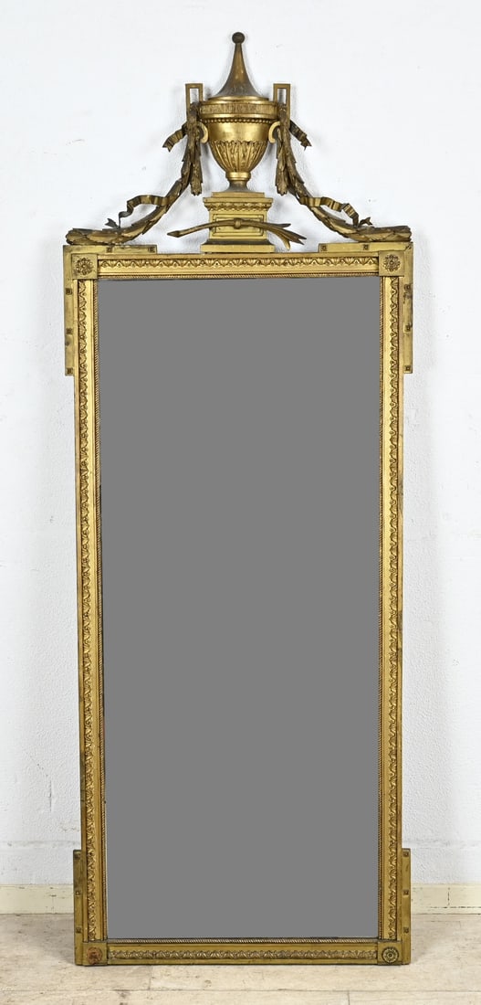 Antique mirror, 163 x 62 cm.: Original gilded Louis Seize mirror. Circa 1800. Dimensions: H 163 x W 62 cm. In good, unrestored condition.