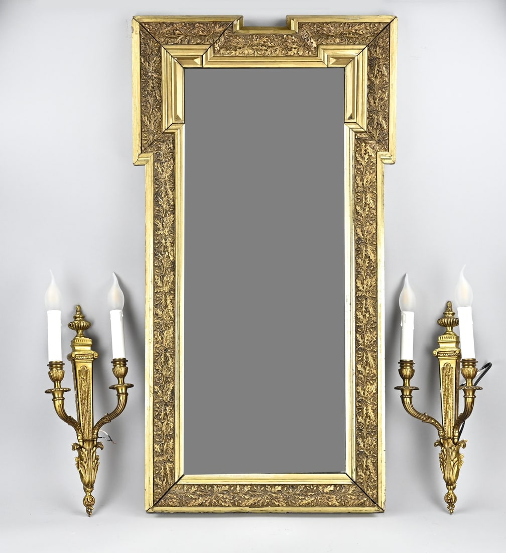 Mirror + 2 lights: Two Louis Seize-style brass wall lamps + 19th-century stucco mirror. Dimensions: 49 cm / 99 x 53 cm. In good condition.