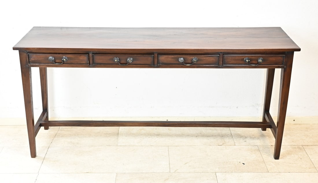 Side table (mahogany): Long mahogany side table with four drawers. Period piece. Second half of the 20th century. Dimensions: 75 x 170 x 42 cm. In good condition.