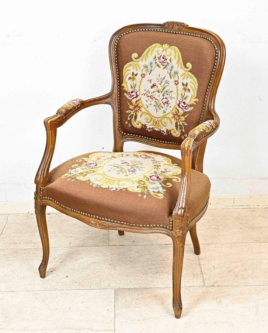 Chair (petit point): Walnut Baroque-style armchair with petit point upholstery in floral design, mid-20th century. 87x55x52 cm, in good condition.