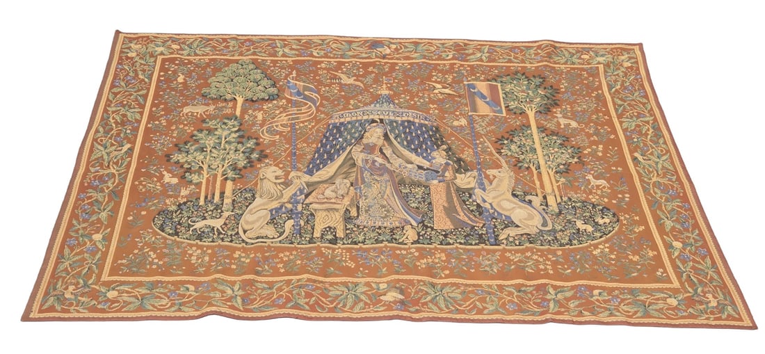 Gobelin tapestry, 174 x 137 cm.: Old tapestry with an image of a lady with a unicorn. 20th century. Dimensions: 174 x 137 cm. In good condition.