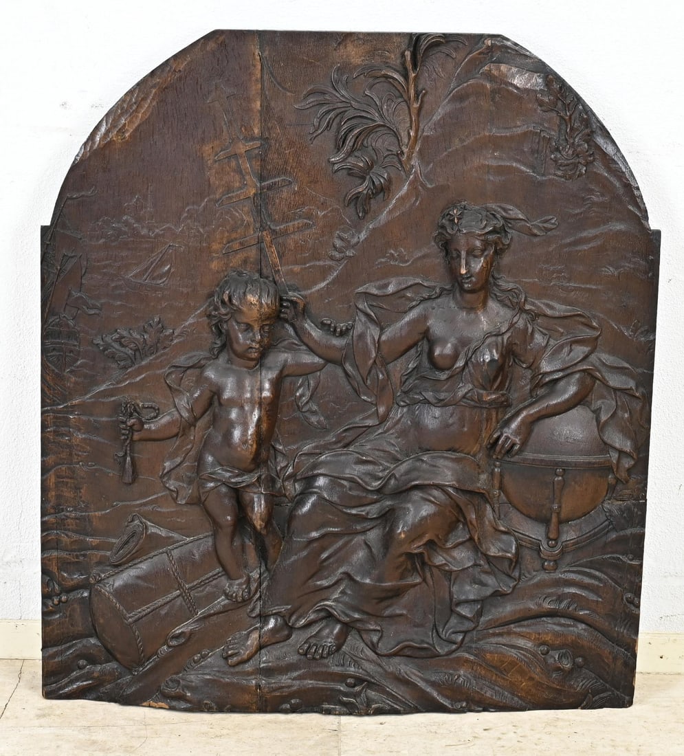 Large 18th-century panel (maritime): Rare 18th-century maritime carved walnut plaque/panel, depicting a woman, putti with globes, and ships in the background. Possibly part of a ship's interior. Dimensions: 93 x 82 cm. In good condition.