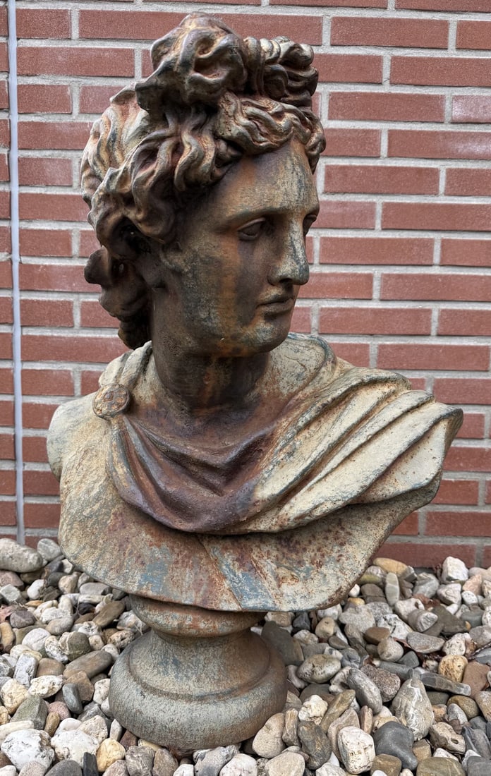 Bust of Apollo, H 75 cm.: Old metal bust. Apollo. Outdoor sculpture. Green patina. 20th century. Dimensions: H 75 cm. In good condition.