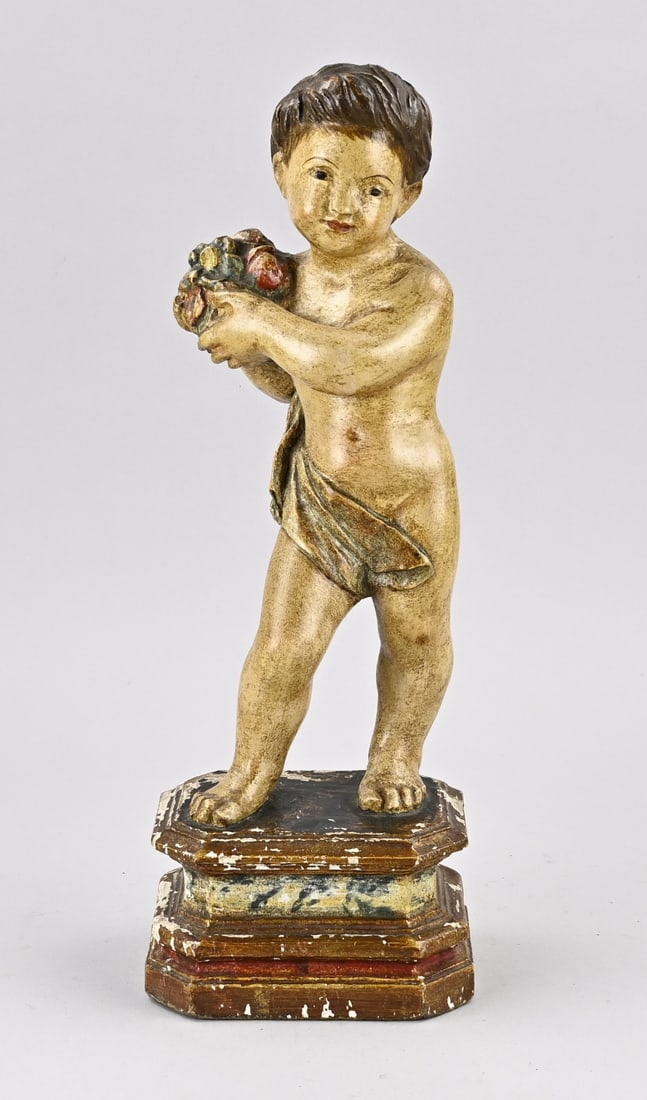 Antique wood-carved Bacchus: Antique wood-carved, polychrome Bacchus. Dimensions: H 40 cm. In good condition.