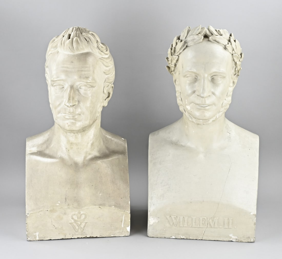 2x Bust, William I + William II: Two large 19th-century plaster busts. Dutch Royal Family. Including: William I and William II. Probably Studio Louis Royer. Provenance: Breda Courthouse. Dimensions: 63 x 64 cm. In fair/good