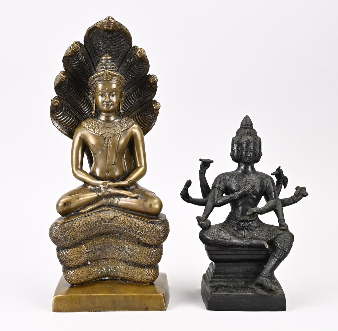 2x Bronze Buddha (Thailand): Two old bronze Buddha figures. Thailand. 20th century. 1x Brahma. 1x Buddha on Naga serpent. Dimensions: 22 x 33 cm. In good condition.
