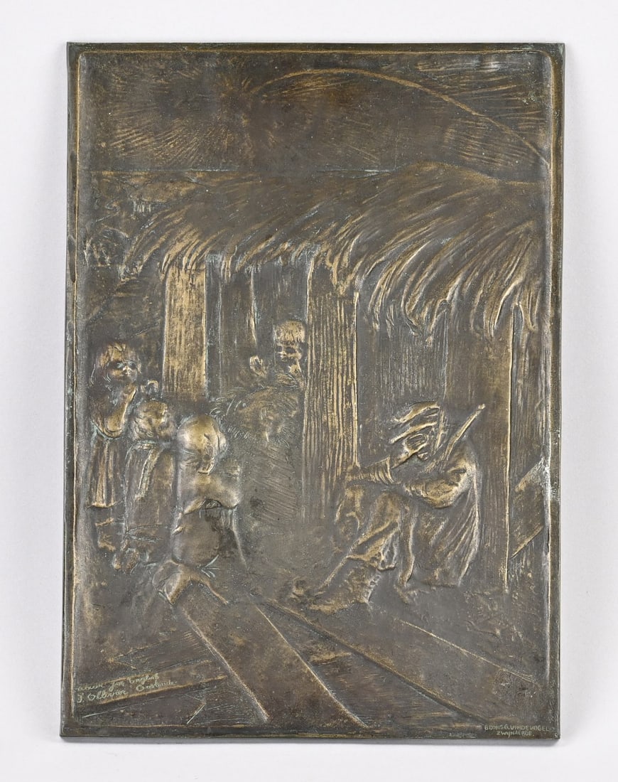 Bronze plaque, 1900: Antique, signed bronze plaque by G. Vindevogel from Zwijnaarde. After a depiction of Ollivier Oostendorp. Circa 1900. Dimensions: 36 x 20 cm. In good condition.