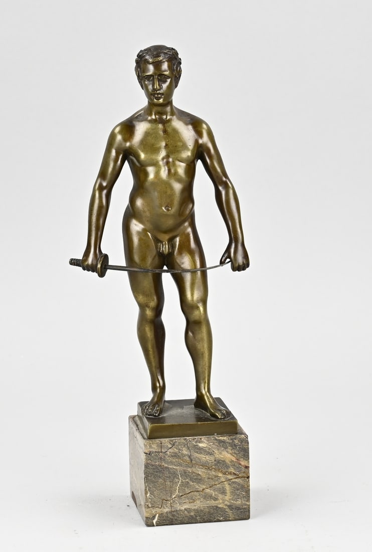 Bronze statue, Naked man with sword: Bronze Art Deco figure by Schnratenberg (Spiro) 1898 - 1922. Circa 1920. Nude man with sword. Dimensions: H 29 cm. In good condition.