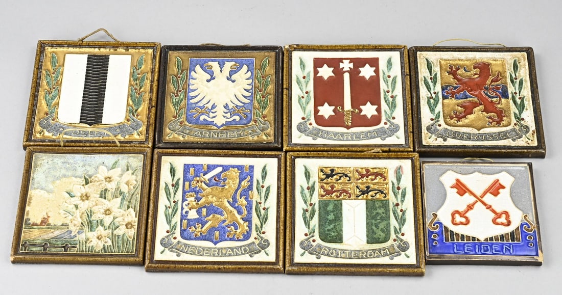 Lot of cloisonné tiles (8x): Lot of eight diverse Dutch cloisonné tiles. Primarily Porceleyne Fles. Various cities. Dimensions: 10 x 12.5 cm. Some chips. In fair/good condition.