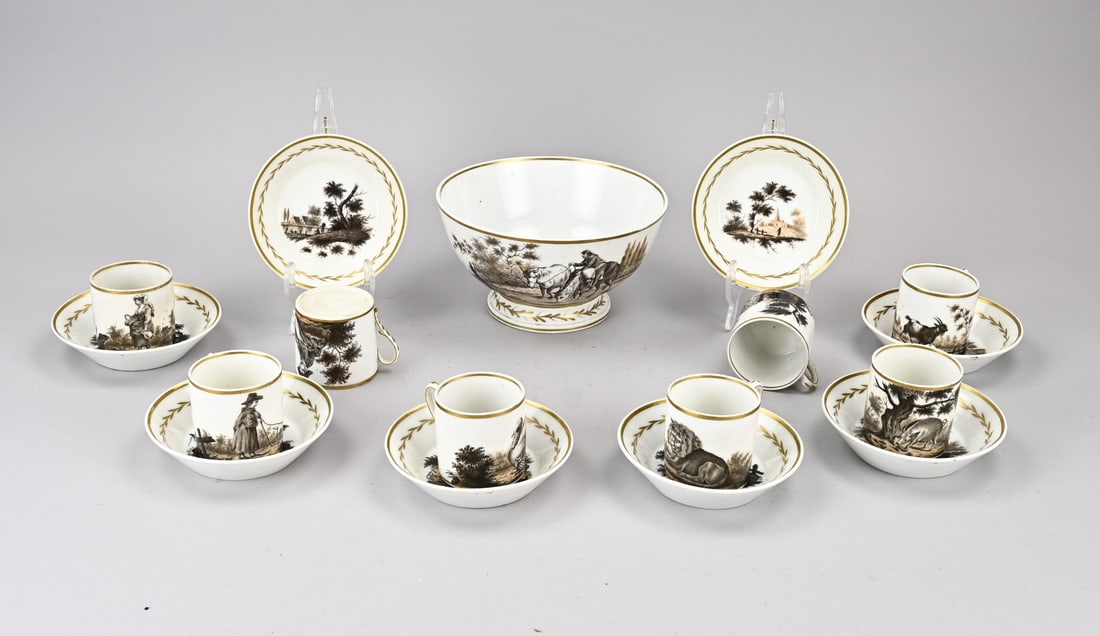 French tableware, 1840: 19th-century French porcelain dinner service. All pieces hand-painted in various styles with figures and animals, plus a gold rim. Circa 1840. One saucer has a hairline crack. Dimensions: 6 x 19 cm. I