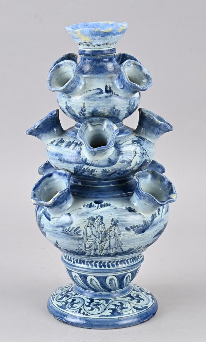 Tulip vase: Antique faience tulip vase (Europa) with landscape decoration + base mark. Dimensions: H 34 cm. In good condition.