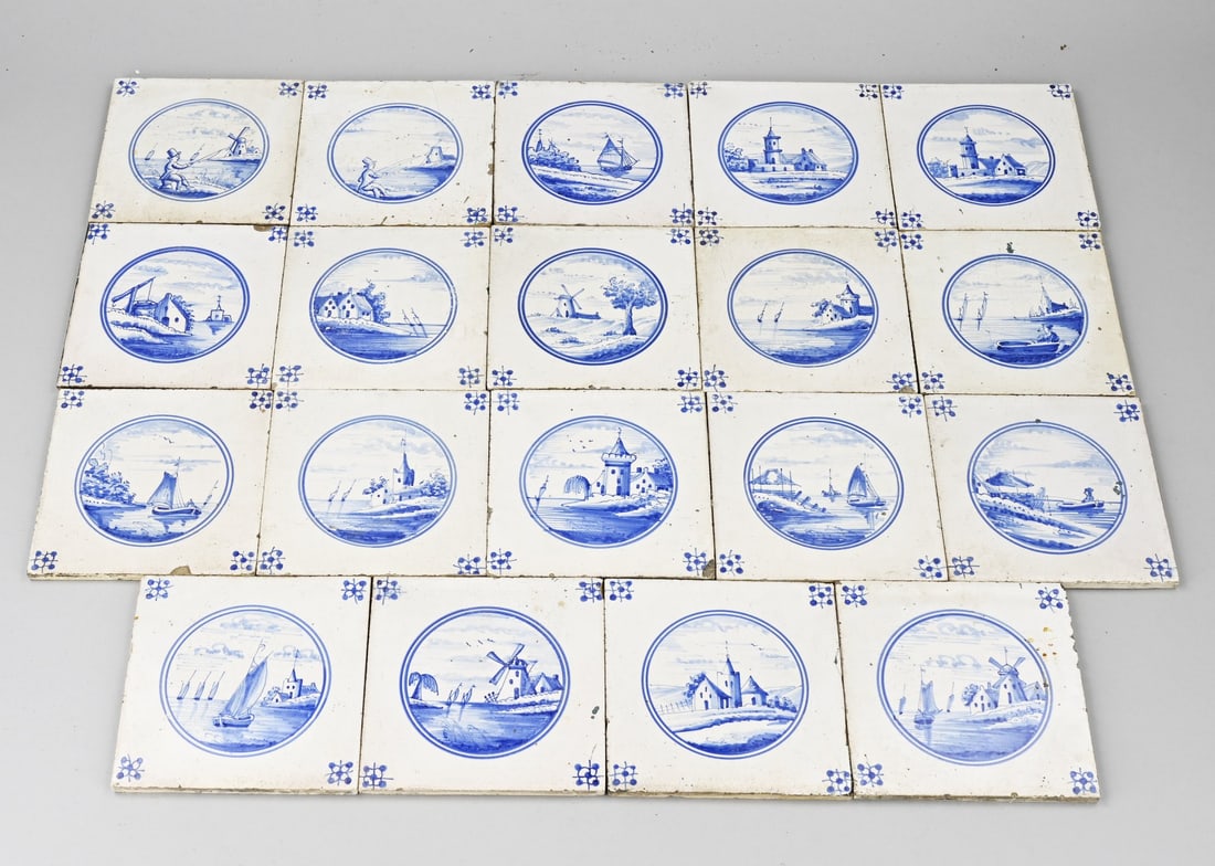 Lot of landscape tiles (19x): Lot of 19 antique Dutch landscape in a circle tiles. 19th century. Dimensions: 13 x 13 cm. In good condition.