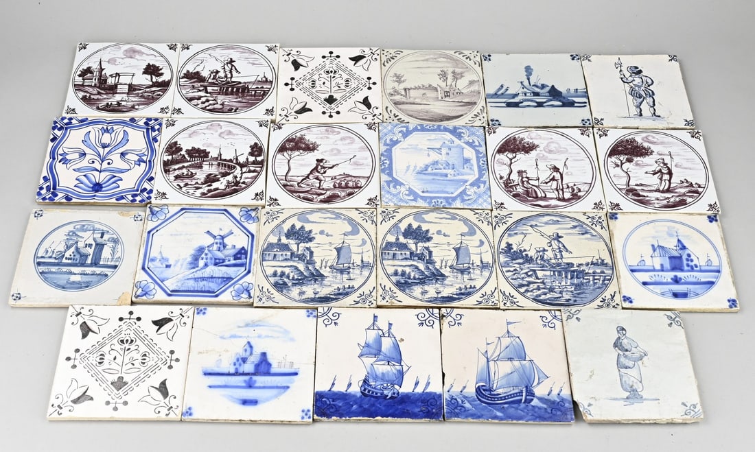 Lot of various tiles (23x): Lot of 23 various antique tiles. 18th - 19th - 20th Century. Landscapes, figures, etc. Dimensions: 13 x 13 cm. In fair/good condition.