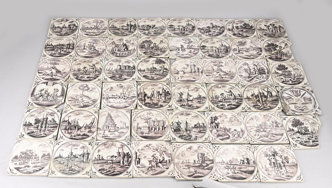 Lot of tiles: 47 Pieces + early 19th-century manganese-colored Dutch landscape tiles. Dimensions: 13 x 13 cm. In good condition.