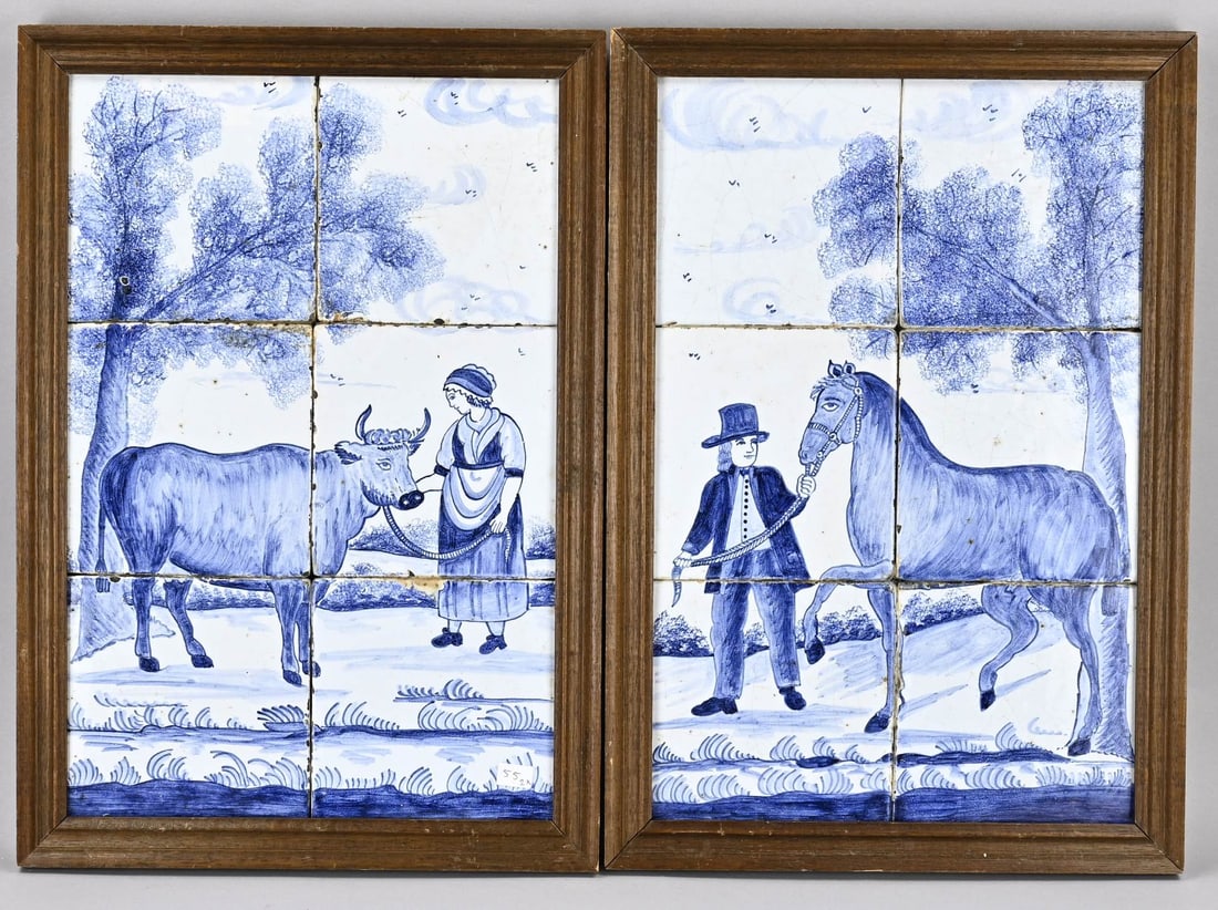 2x Delft tile panel: Two antique Delft faience 6-panel tile panels with cattle and shepherd decoration. Dimensions: 41 x 27 cm. In good condition.
