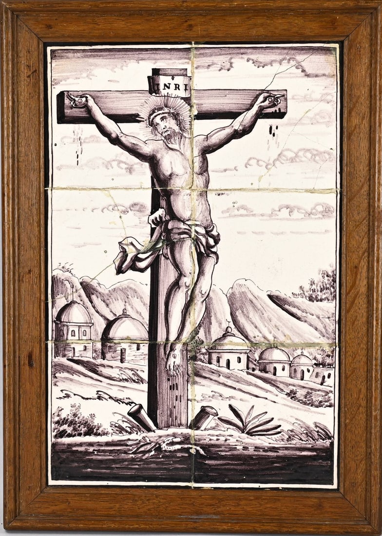 6-Pas religious tile panel: 18th-century, 6-panel religious tile tableau. Manganese-colored. Dimensions: 39 x 26 cm. Two tiles glued. In fair/good condition.