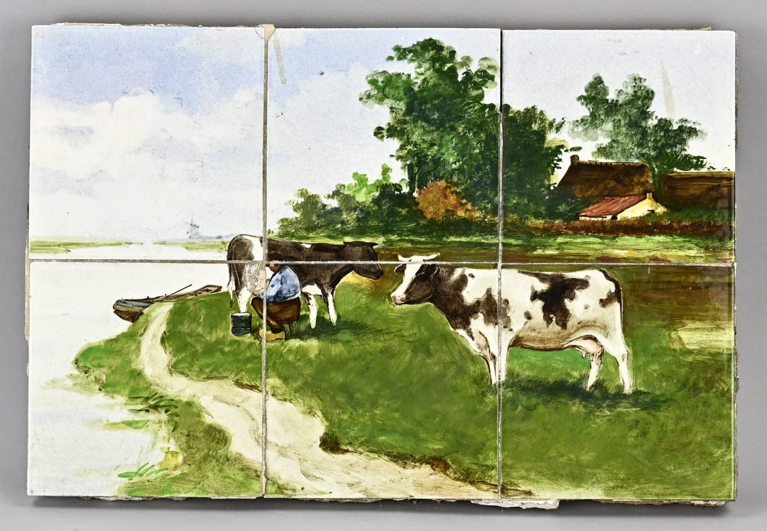6-Pas tile panel, 1900: Antique Dutch 6-panel polychrome faience tile panel depicting a milking farmer in a landscape. Circa 1900. Dimensions: 30 x 45 cm. Two small glaze imperfections, otherwise good.