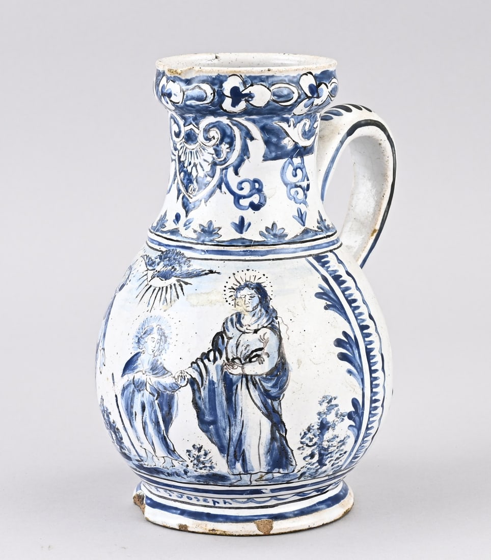 Fayence pitcher, H 20.3 cm.: 18th-century French faience pitcher, St. Marie + St. Joseph Rouen. Dimensions: H 20.3 cm. In good condition.