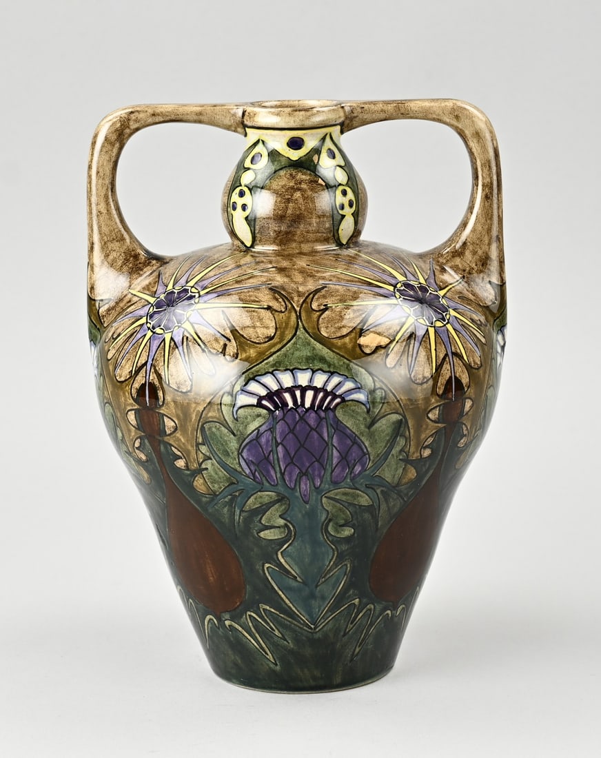 Rozenburg vase, H 25 cm.: Antique Dutch polychrome earthenware Art Nouveau Rozenburg The Hague ear vase with floral decoration. No. 5. Painter: KB. Circa 1900. Dimensions: H 25 cm. In good condition.