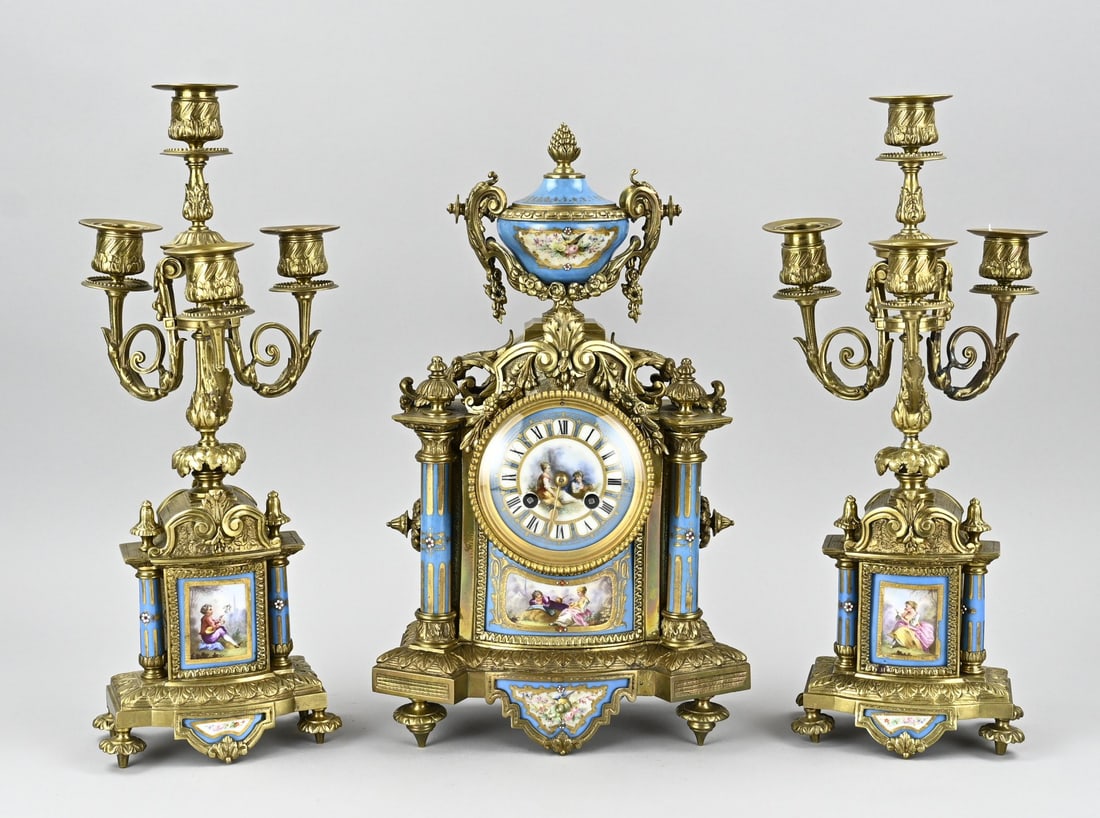 Antique three-piece Sevres porcelain clock set with brass mounts (1 of 2)