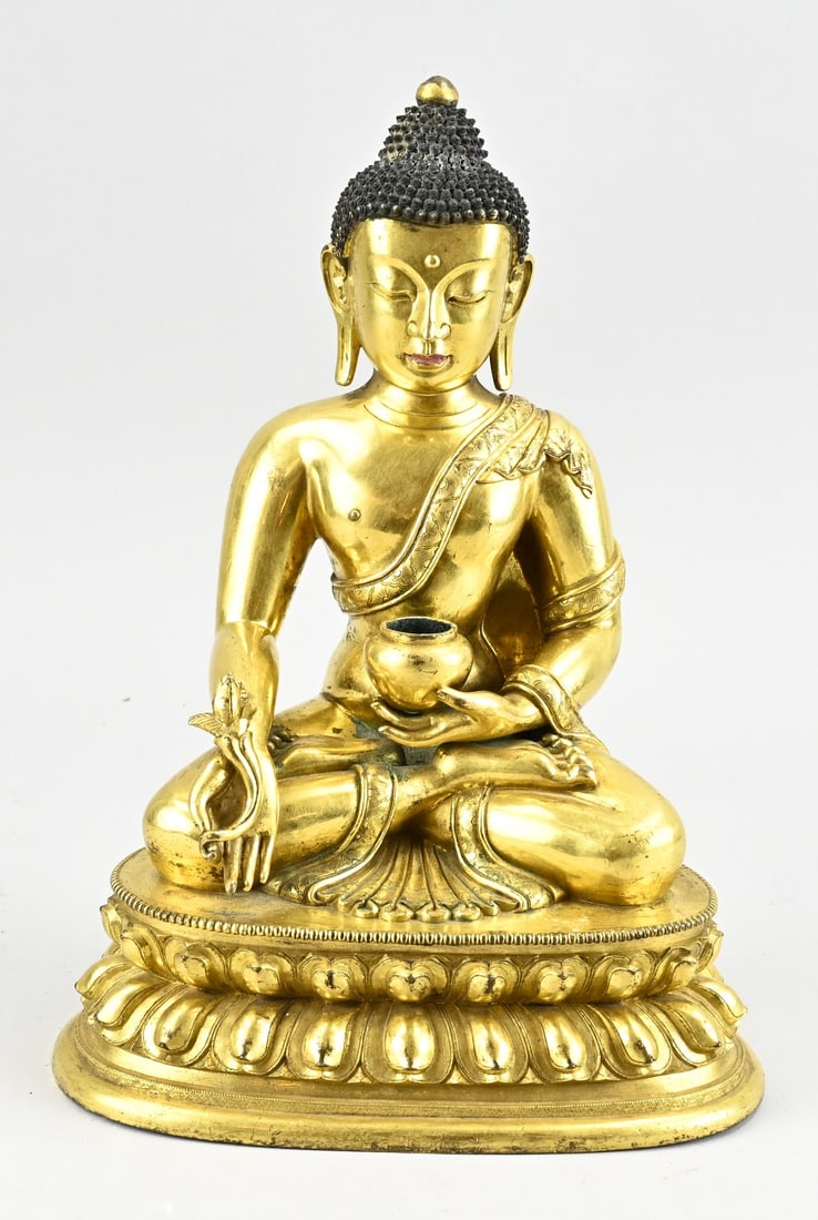 Antique Chinese Buddha, H 29.7 cm.: Antique Chinese gilded bronze Buddha with incense holder and flower in hand. With floral base mark. Dimensions: H 29.7 cm. Signs of use. In good condition.