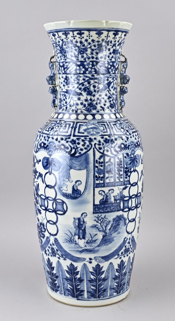Chinese vase, H 61 cm.: 18th - 19th Century Chinese porcelain vase with figural/floral/animal decoration. Dimensions: H 61 cm. Top rim restoration + hairline crack. In reasonable condition.