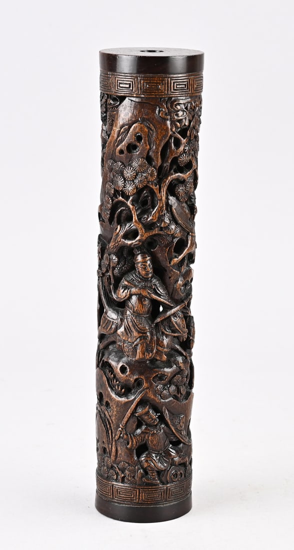 Chinese incense stick burner: Antique Chinese wood-carved incense stick burner with warriors on horseback decoration. Dimensions: 26 cm. In good condition.