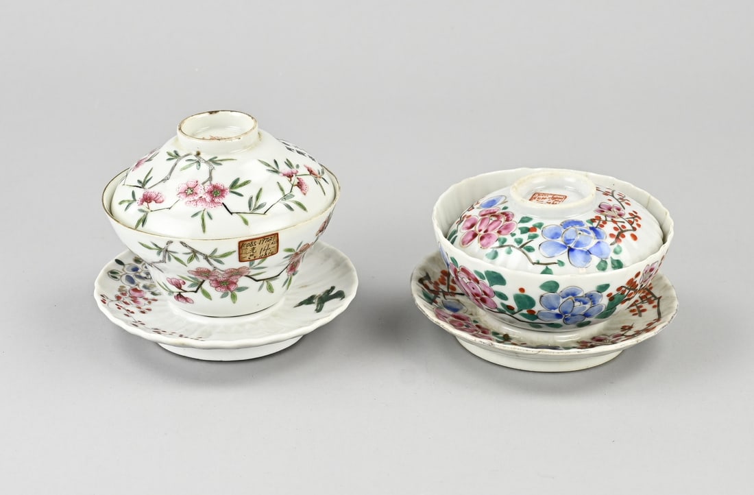 2x Chinese porcelain (3-piece) cup: Two Chinese porcelain Rose Family, 3-piece cups, one with a base mark. 19th century. 1x Cherry blossom decoration/text, good. 1x Floral decoration, with base mark, hairline crack. Dimensions: 9 - 11