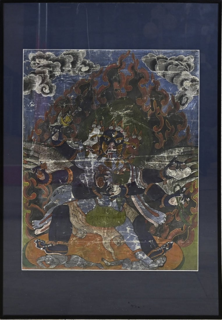 Tibetan tangka, 49 x 40 cm.: 18th-19th century, or even older, Tibetan Buddhist tangka. Dimensions: 49 x 40 cm. Wear. In reasonable condition.