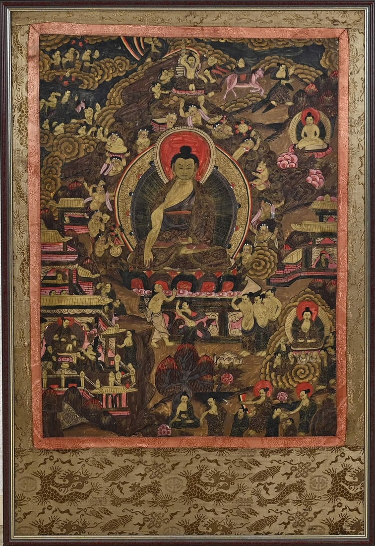 Tibetan tangka, 98 x 65 cm.: Old Tibetan Buddhist tangka. First half of the 20th century. Dimensions: 98 x 65 cm. In good condition.