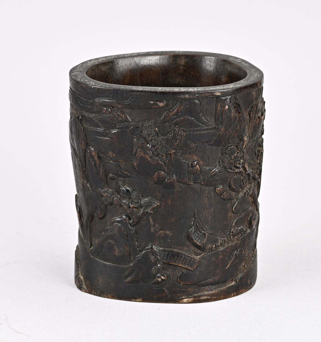 Chinese brush pot (hardwood): Antique Chinese hardwood carved brushpot with mountain landscape/figure decoration. Zitan? Dimensions: 12 x 10.4 x 8 cm. In good condition.