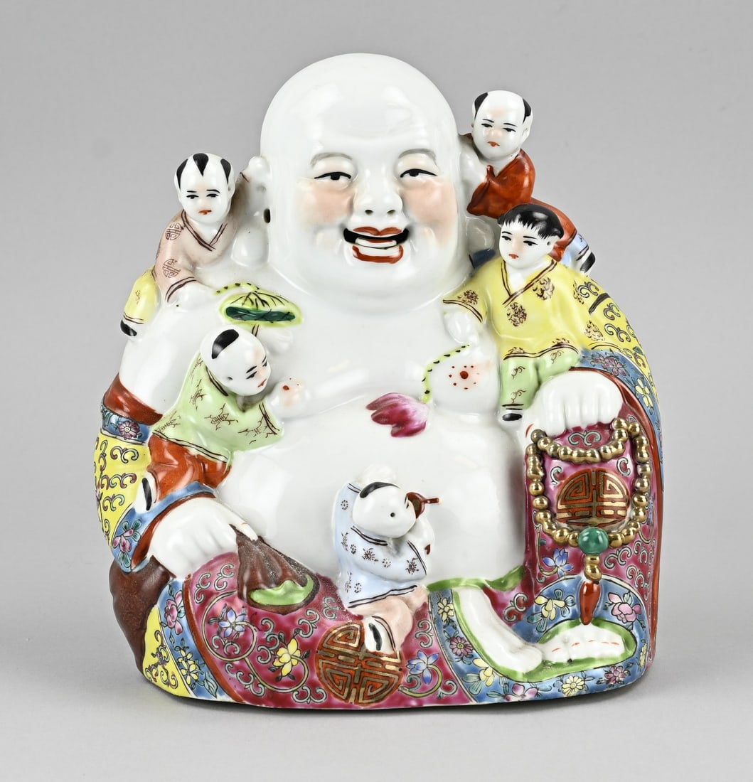 Chinese Buddha, H 25 cm.: Old Chinese porcelain laughing Buddha. Rose family. With base mark. Dimensions: H 25 cm. In good condition.