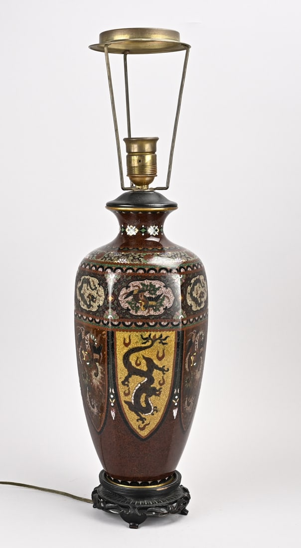 Japanese cloisonné lamp base, H 62 cm.: Antique Japanese Meiji cloisonné lamp base with dragon/phoenix decoration. Circa 1900. Dimensions: H 62 cm. One minor imperfection. In fair/good condition.