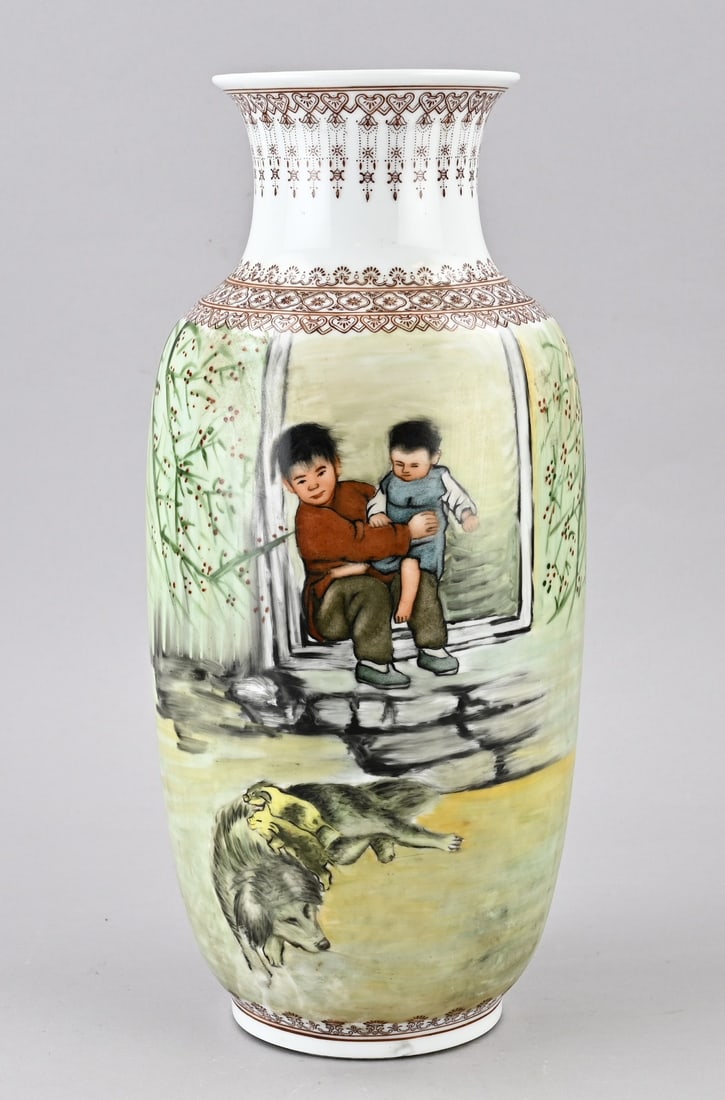 Chinese vase, H 42 cm.: Old Chinese Republic porcelain vase with decoration of youths, animals, and text + signature. Base mark. Dimensions: H 42 cm. In good condition.