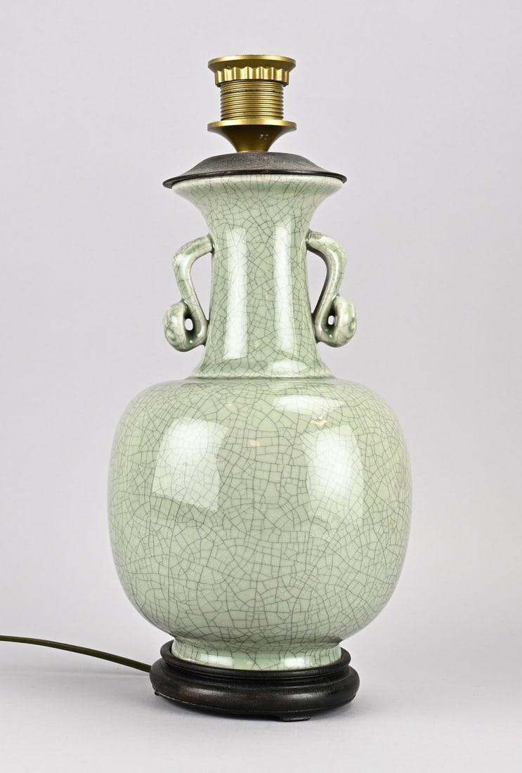 Chinese celadon vase lamp, H 42 cm. (1 of 3)