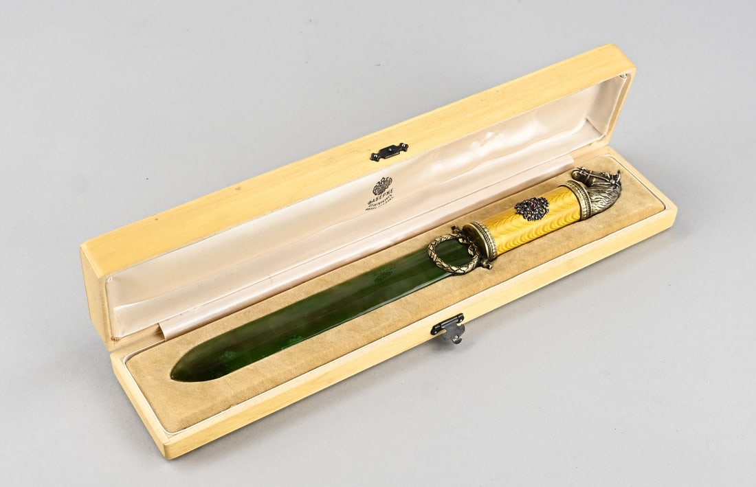 Letter opener, silver with nephrite and diamond: Exceptional silver-gilt letter opener, 88 zolotniks, with enamel, nephrite, and diamonds. Letter opener with a cylindrical handle decorated with yellow enamel featuring a garland motif, crowned with a