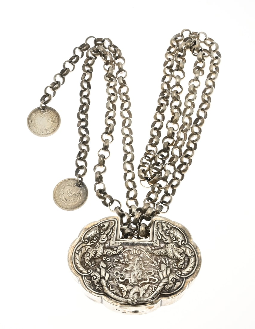 Chinese silver amulet on a necklace (1 of 2)
