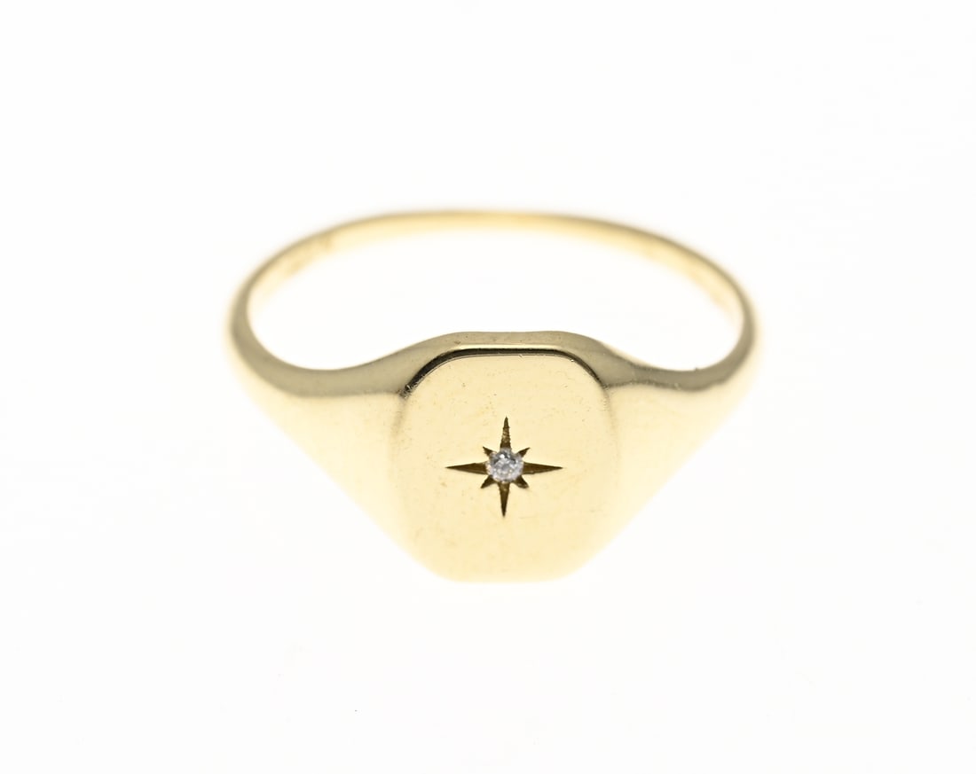 Gold signet ring with stone: Yellow gold signet ring, 585/000, with diamond. Ring with a rectangular contoured head with a small brilliant-cut diamond in the center. Width 8.5 mm. ø 50. Approx. 1.8 grams. In very good condition.