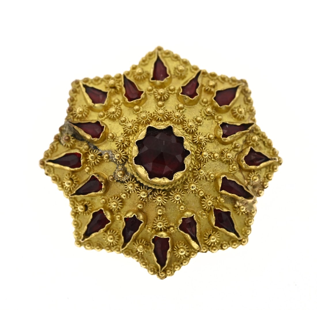 Gold brooch with garnet: Yellow gold brooch, 585/000, with garnet. Star-shaped brooch set with a round faceted garnet in the center and surrounded by pear-shaped garnet stones. Size 24.5 mm. Approx. 2.9 grams. In good