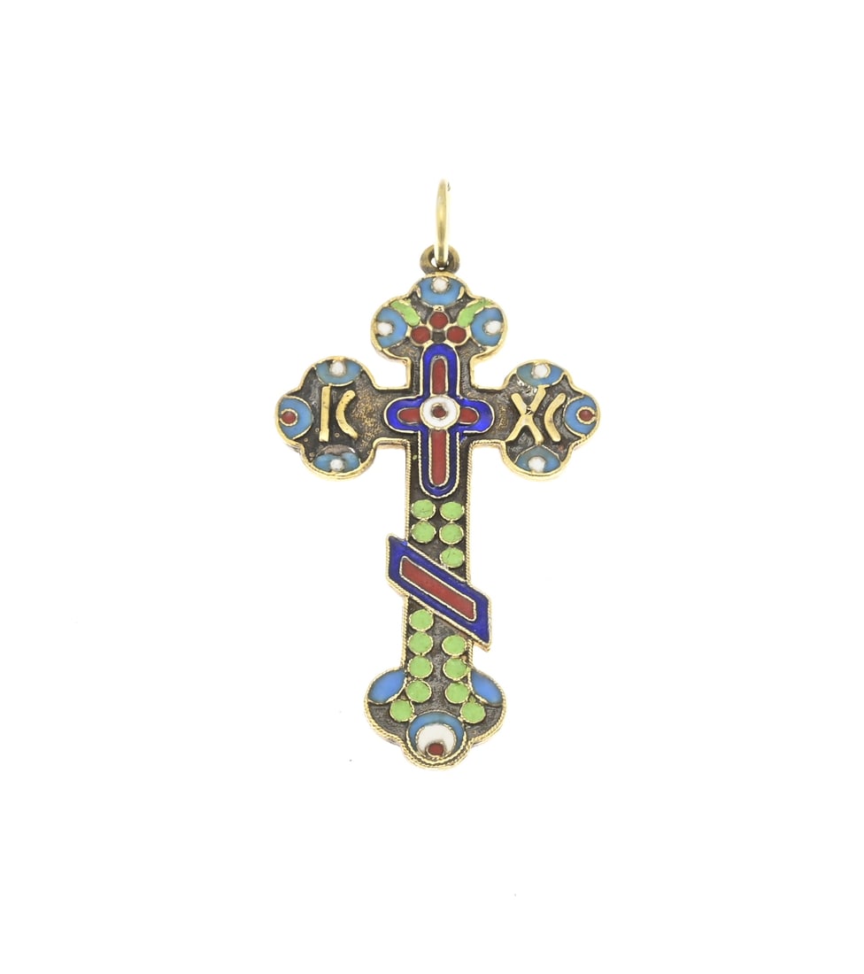 Silver cross pendant with enamel: Russian silver gold-plated cross pendant, 84 zolotniks, richly decorated with enamel. Bears a maker's mark. 63x31mm including loop. Approx. 8.4 grams. As new.